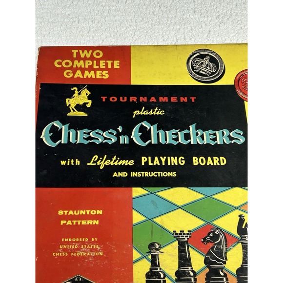 E.S. Lowe Co. Tournament Plastic Chess'n Checkers #802 w/Lifetime Board Vtg 60's - Picture 2 of 13